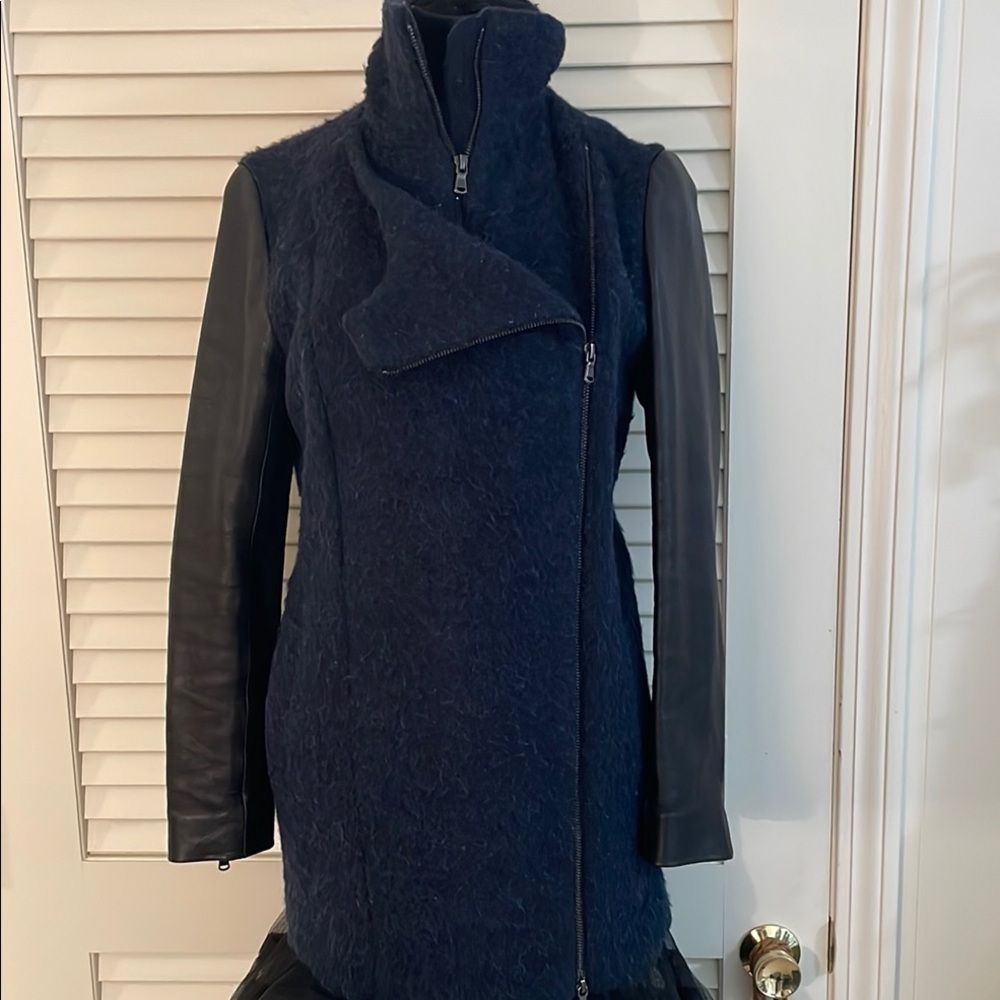 Truth and Pride Combination Navy Women's Alpaca Jacket Black Leather Sleeves